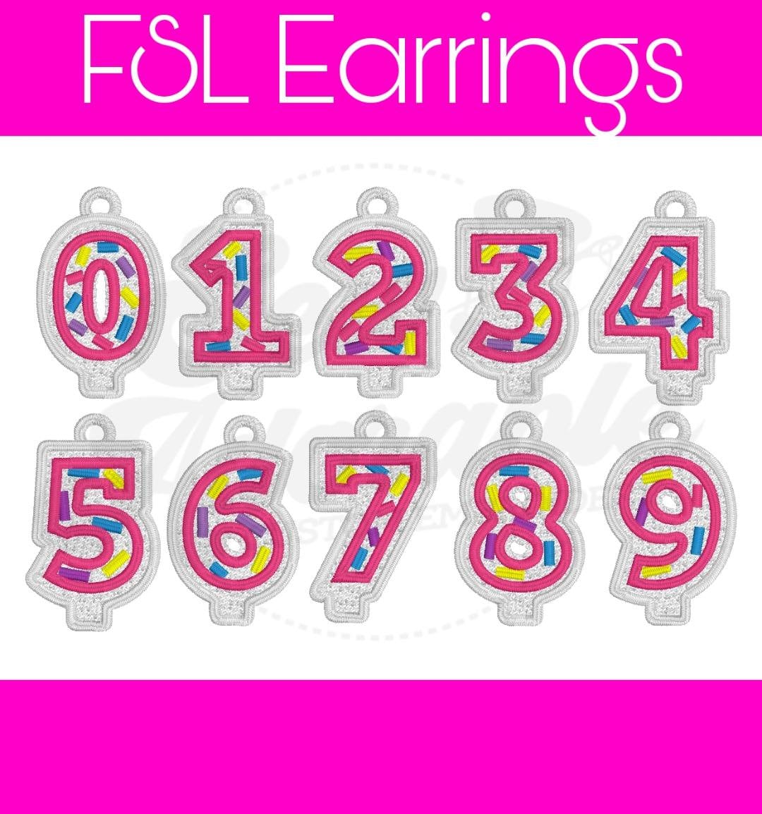 FSL Birthday Candle Number Earrings - Digital Design - Machine Embroidery - Freestanding Lace