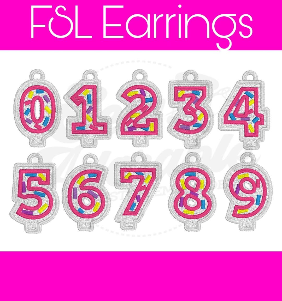 FSL Birthday Candle Number Earrings - Digital Design - Machine Embroidery - Freestanding Lace