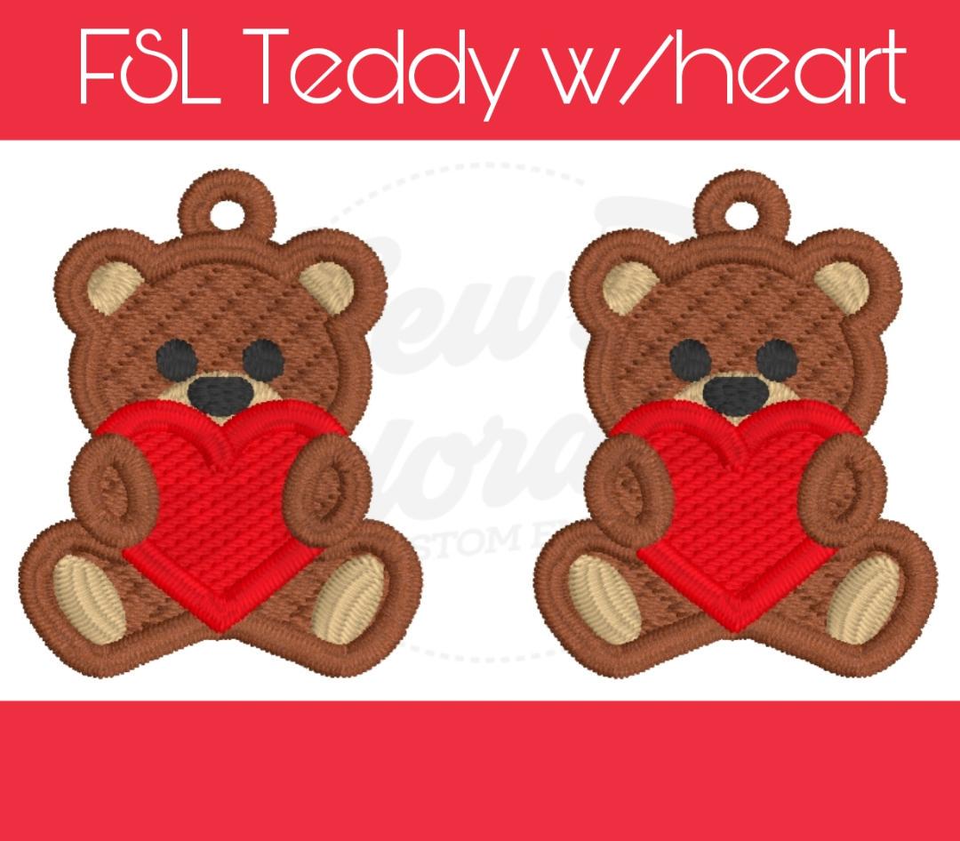 FSL Teddy Bear w/Heart Earrings - Machine Embroidery - Digital Design - Freestanding Lace