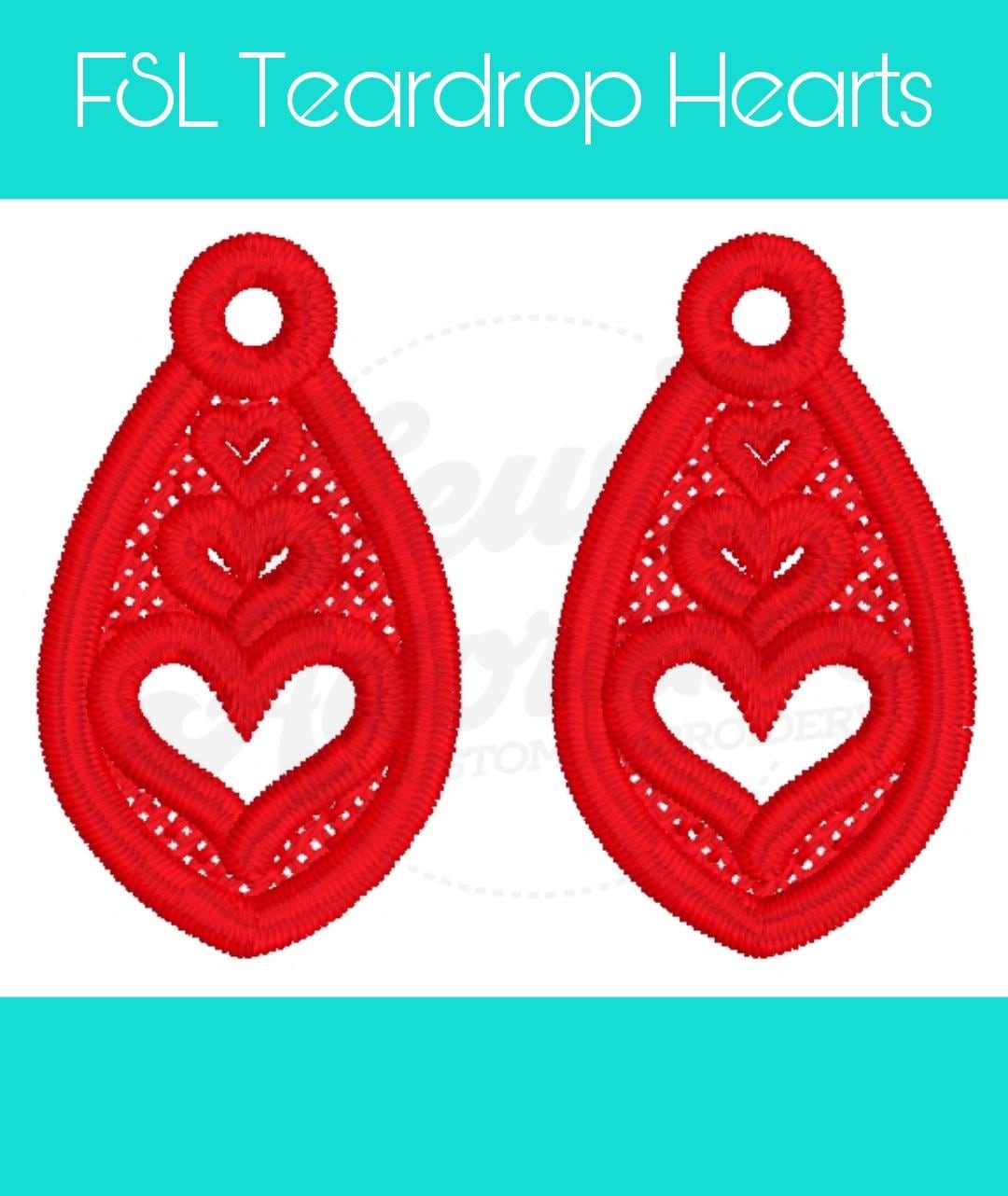 FSL Teardrop Heart Dangle Earrings - Machine Embroidery - Digital Design - Freestanding Lace