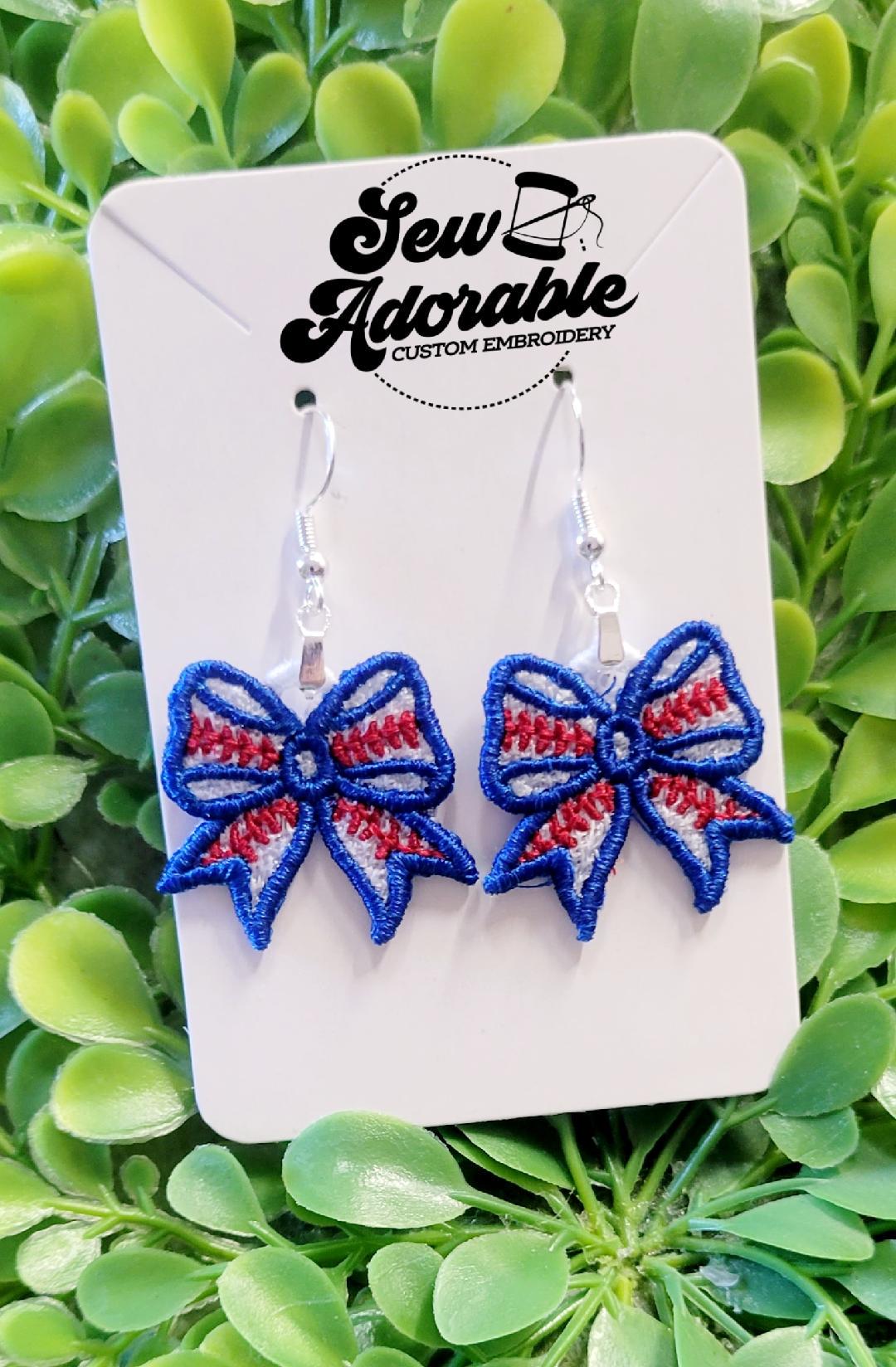 FSL Baseball Bow Earrings - Sports - Machine Embroidery - Freestanding Lace - Digital Design