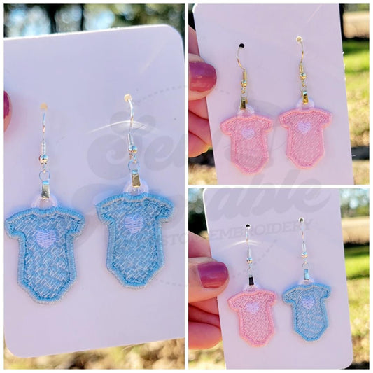 FSL Baby Onesie Earrings -Baby Shower - Gender Reveal - Machine Embroidery - Digital Design - Freestanding Lace