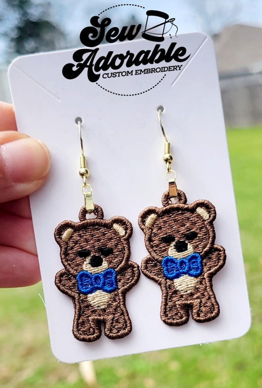 FSL Teddy Bear w/Bow Earrings - Machine Embroidery - Digital Design - Freestanding Lace