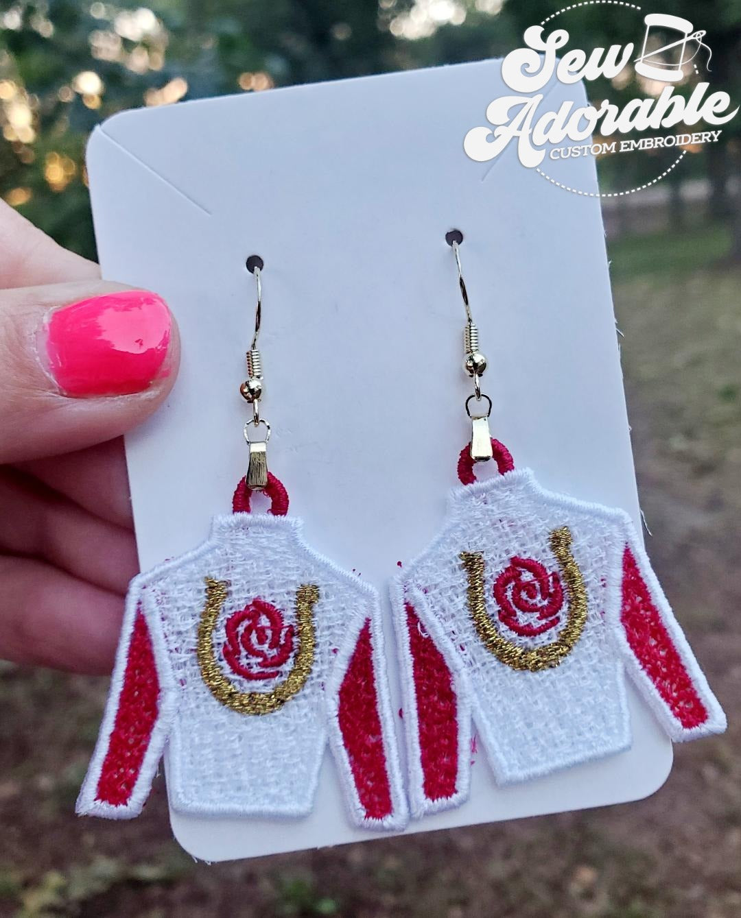 FSL Kentucky Derby Rose Jockey Silk Earrings - Digital Design - Machine Embroidery - Freestanding Lace