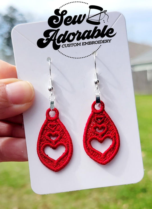 FSL Teardrop Heart Dangle Earrings - Machine Embroidery - Digital Design - Freestanding Lace