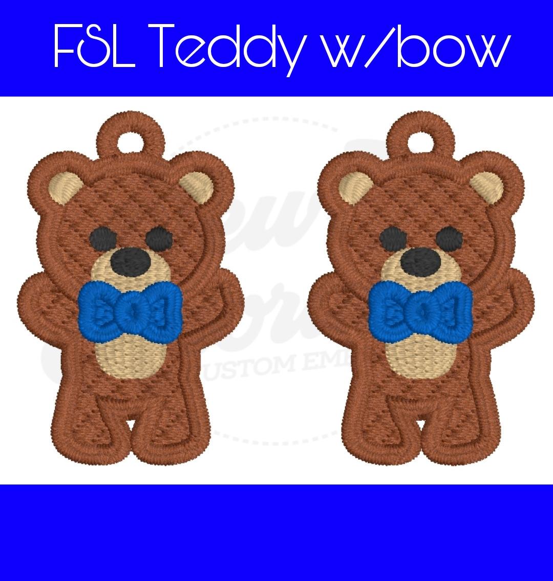 FSL Teddy Bear w/Bow Earrings - Machine Embroidery - Digital Design - Freestanding Lace