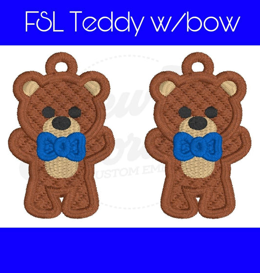 FSL Teddy Bear w/Bow Earrings - Machine Embroidery - Digital Design - Freestanding Lace