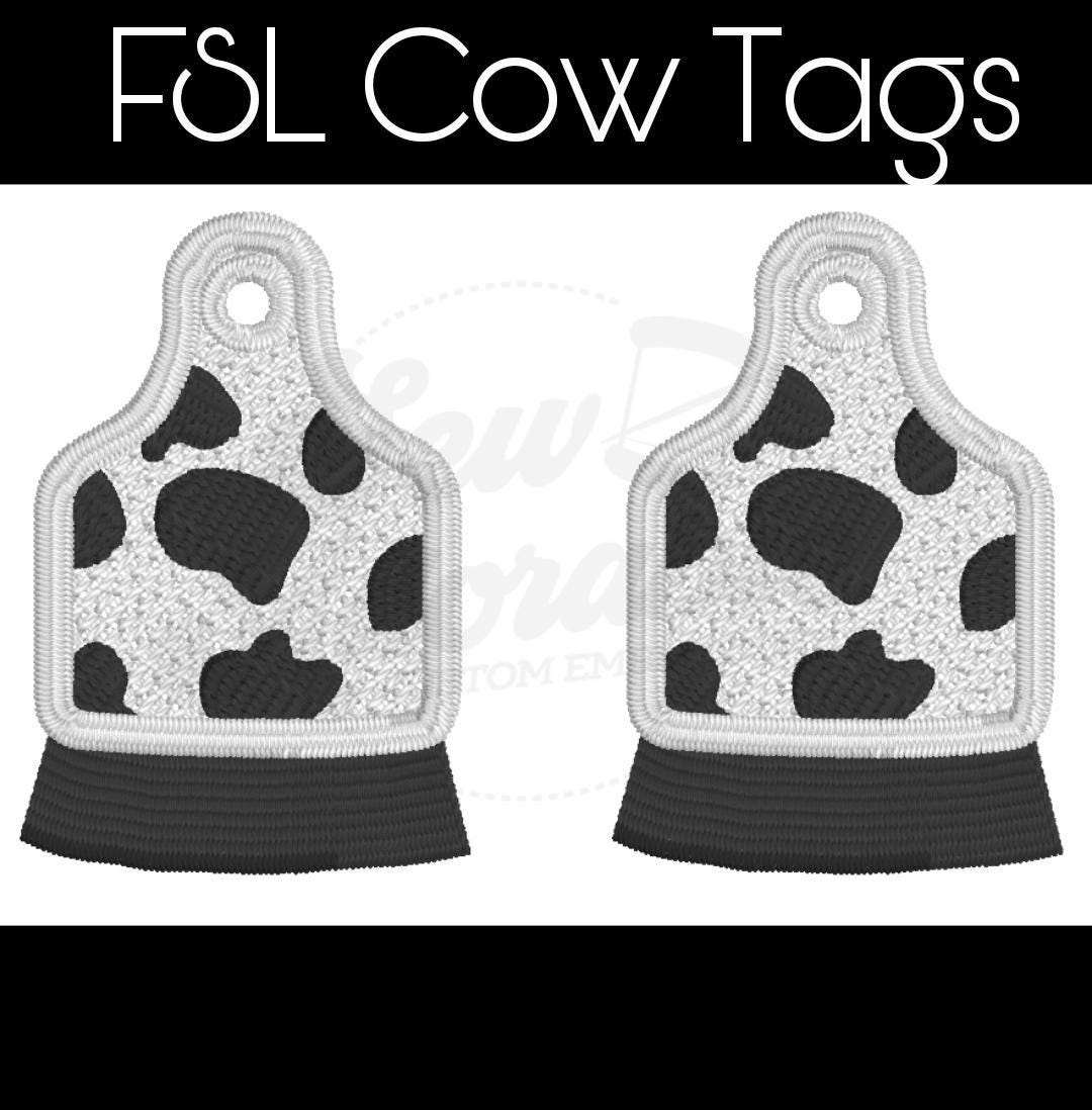 FSL Cow Tag Fringe Earrings - Machine Embroidery - Freestanding Lace - Digital Design