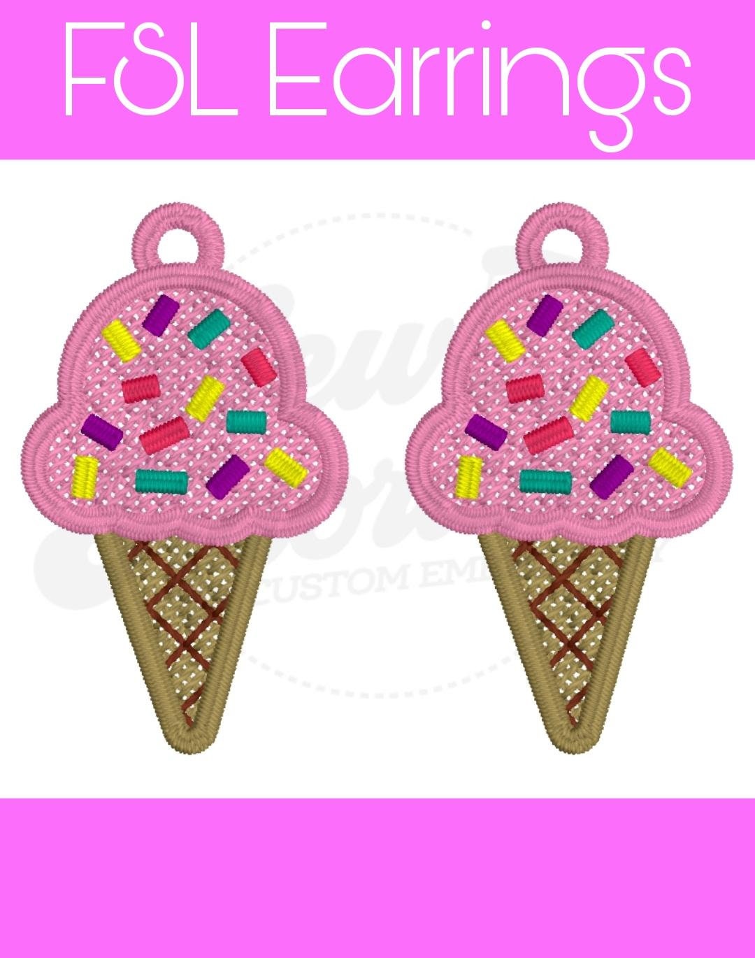 FSL Ice Cream Cone Earrings- Digital Design- Machine Embroidery- Freestanding Lace