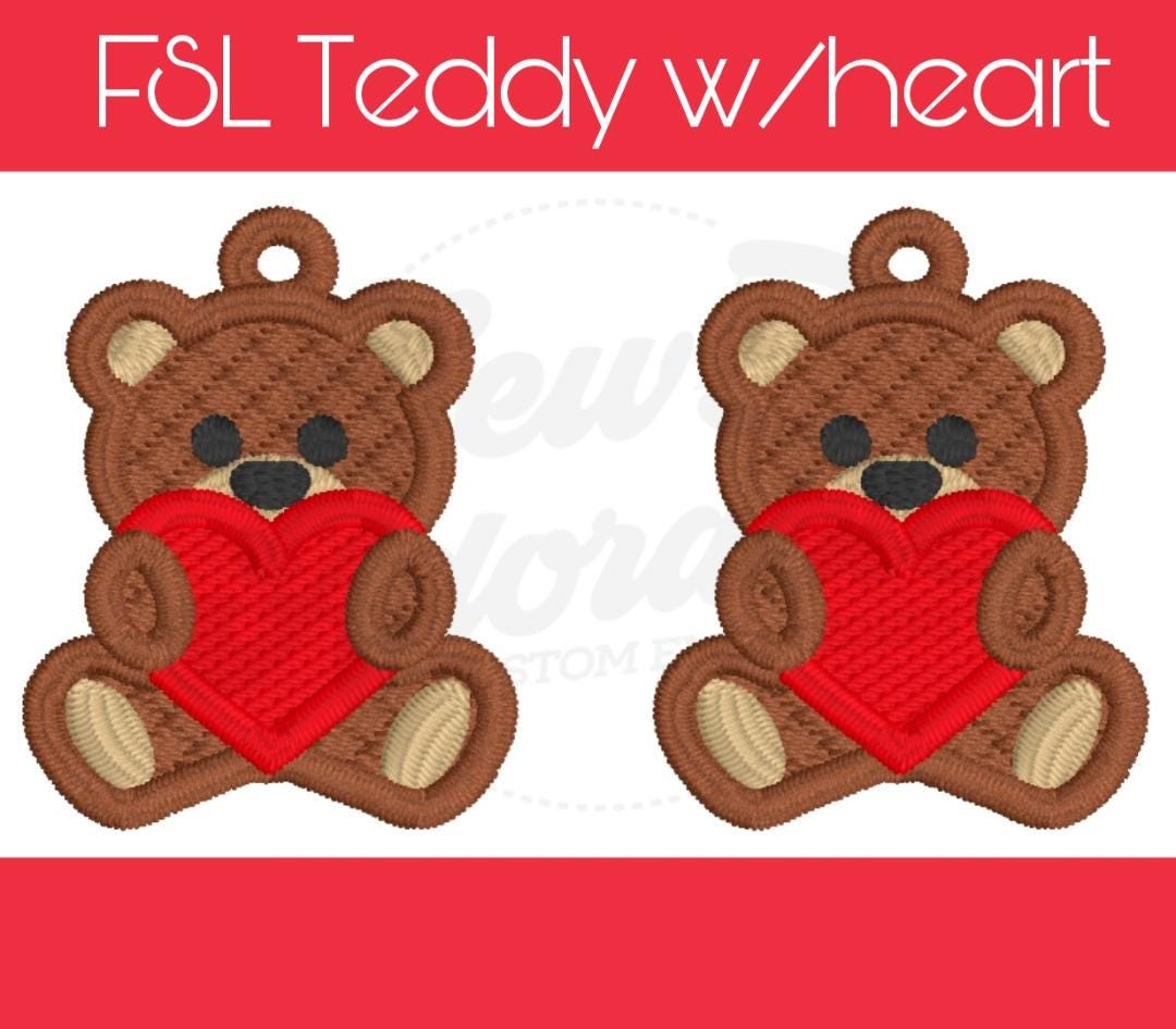 FSL Teddy Bear w/Heart Earrings - Machine Embroidery - Digital Design - Freestanding Lace