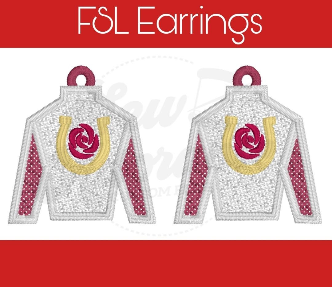 FSL Kentucky Derby Rose Jockey Silk Earrings - Digital Design - Machine Embroidery - Freestanding Lace