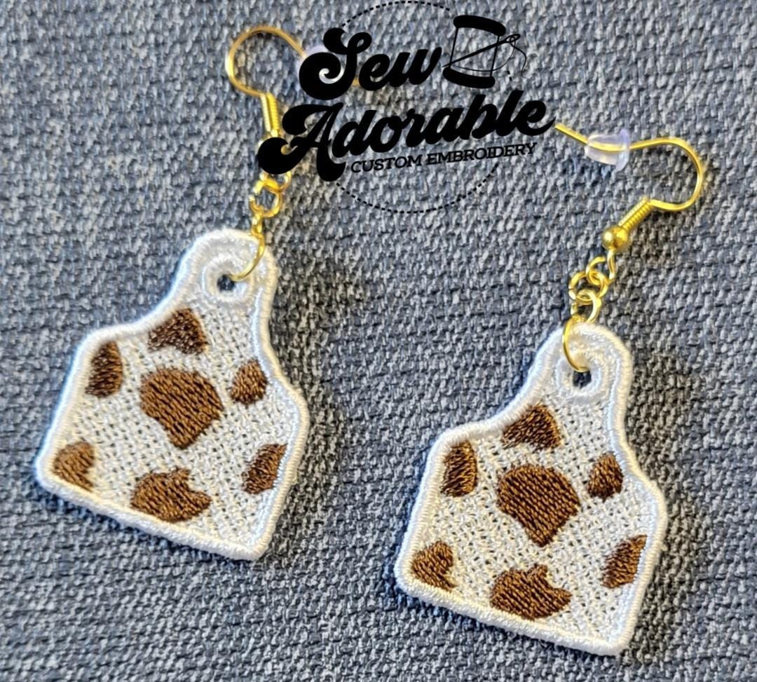 FSL Cow Tag Earrings - Machine Embroidery - Digital Design - Freestanding Lace