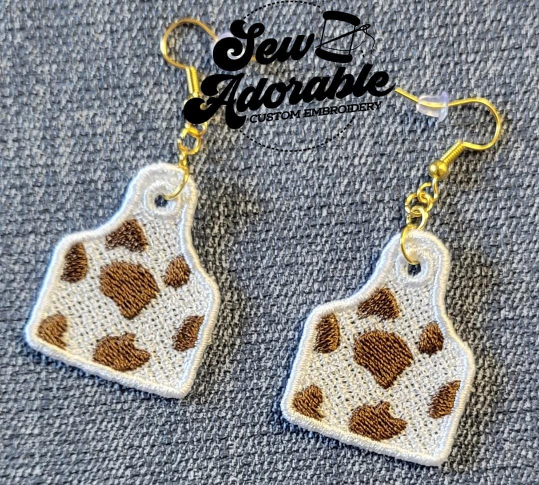 FSL Cow Tag Earrings - Machine Embroidery - Digital Design - Freestanding Lace