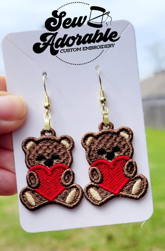 FSL Teddy Bear w/Heart Earrings - Machine Embroidery - Digital Design - Freestanding Lace