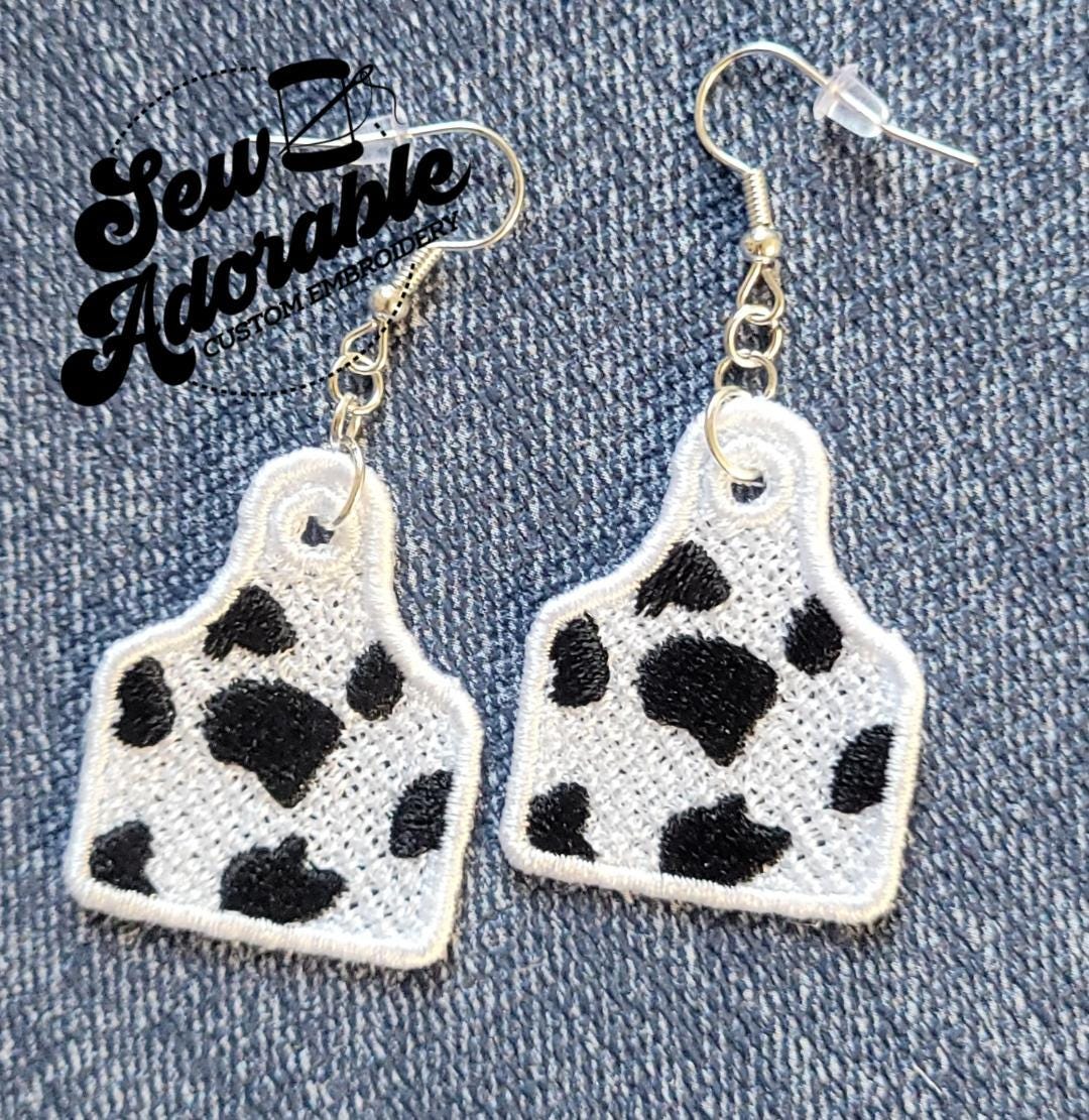 FSL Cow Tag Earrings - Machine Embroidery - Digital Design - Freestanding Lace