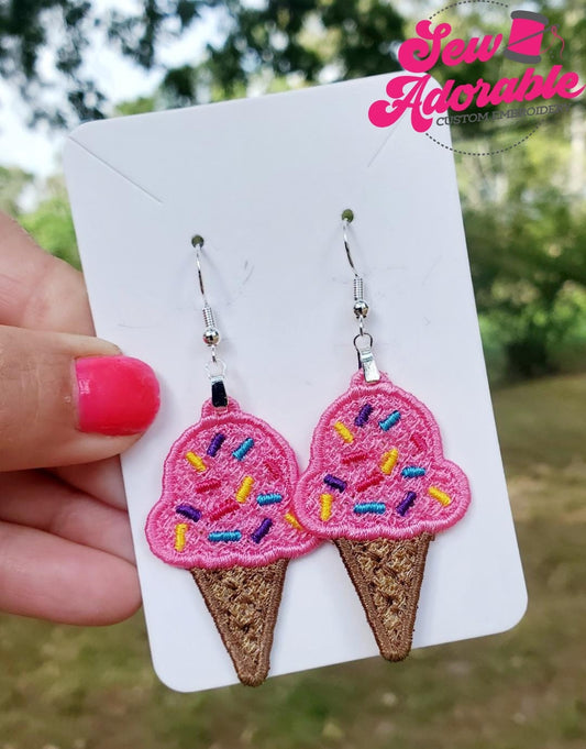 FSL Ice Cream Cone Earrings- Digital Design- Machine Embroidery- Freestanding Lace