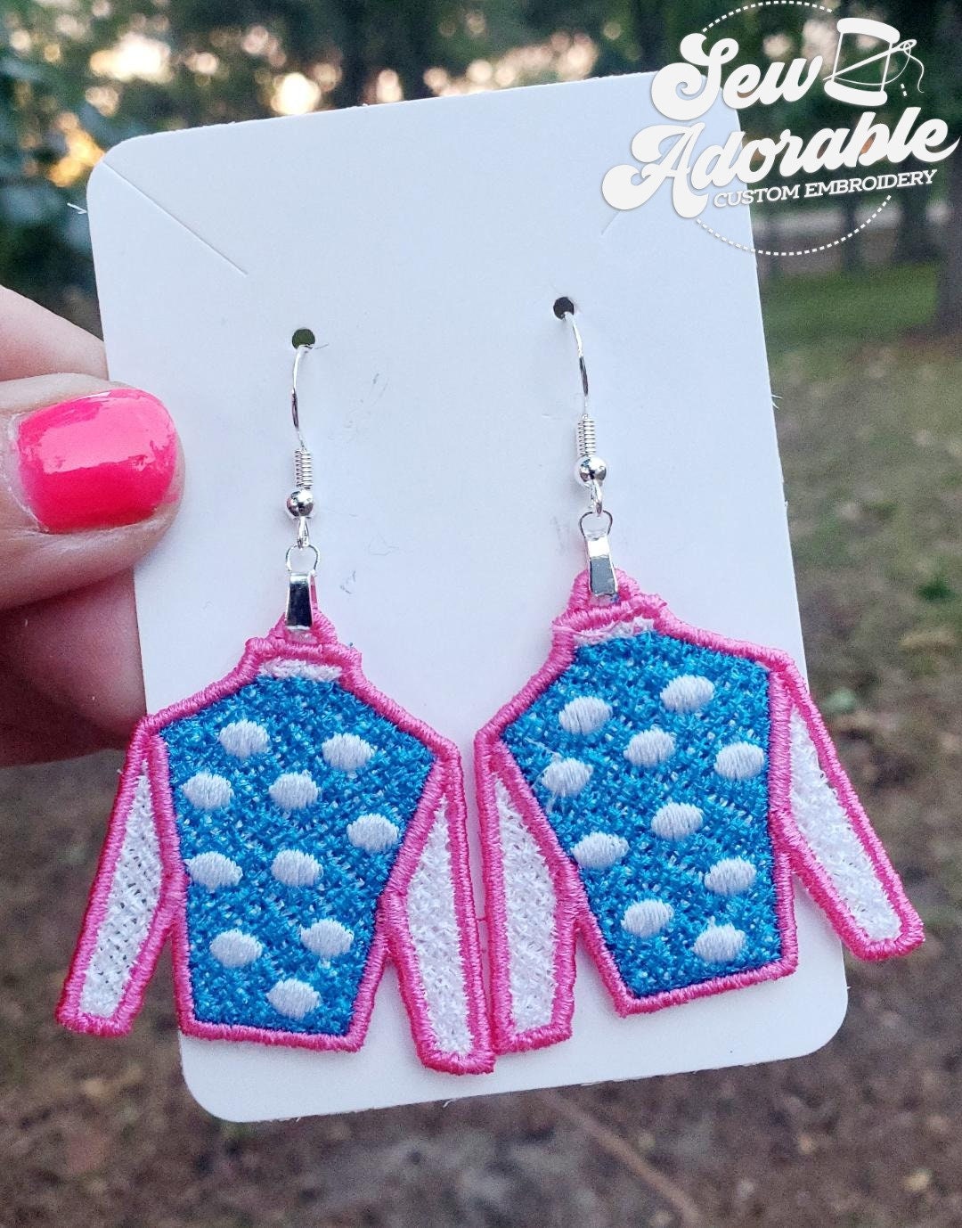 FSL Kentucky Derby Jockey Silk Dots Earrings - Digital Design - Machine Embroidery - Freestanding Lace