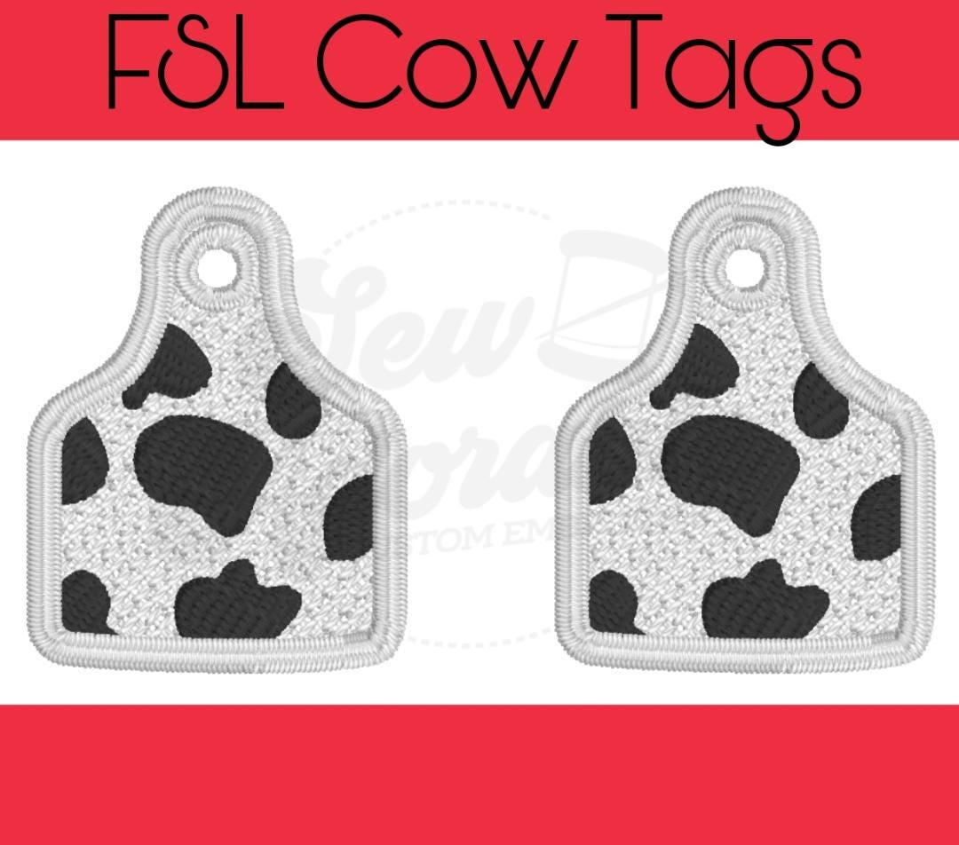 FSL Cow Tag Earrings - Machine Embroidery - Digital Design - Freestanding Lace