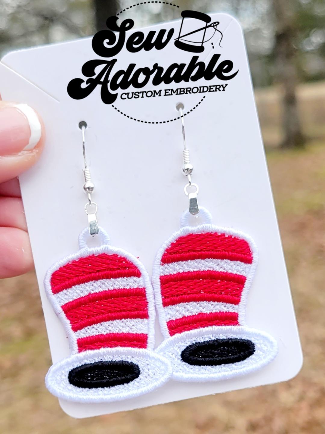 FSL Cat  n Hat Earrings - Machine Embroidery - Digital Design - Freestanding Lace