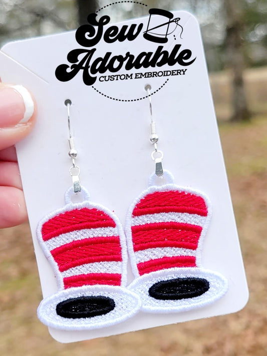 FSL Cat  n Hat Earrings - Machine Embroidery - Digital Design - Freestanding Lace