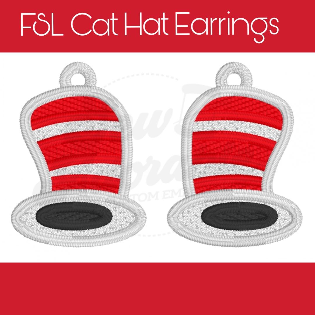 FSL Cat  n Hat Earrings - Machine Embroidery - Digital Design - Freestanding Lace