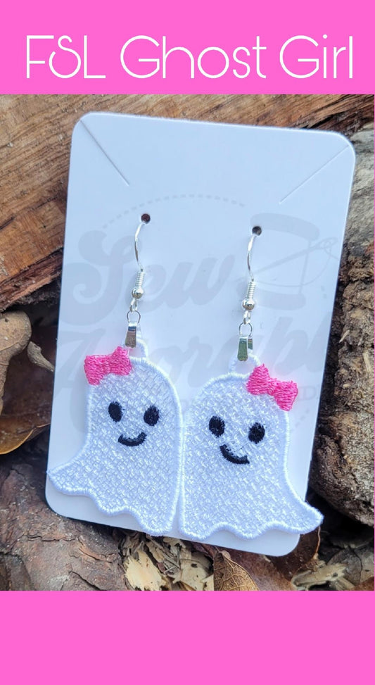 FSL Ghost Girl Earrings- Machine Embroidery- Freestanding Lace- Digital Designs