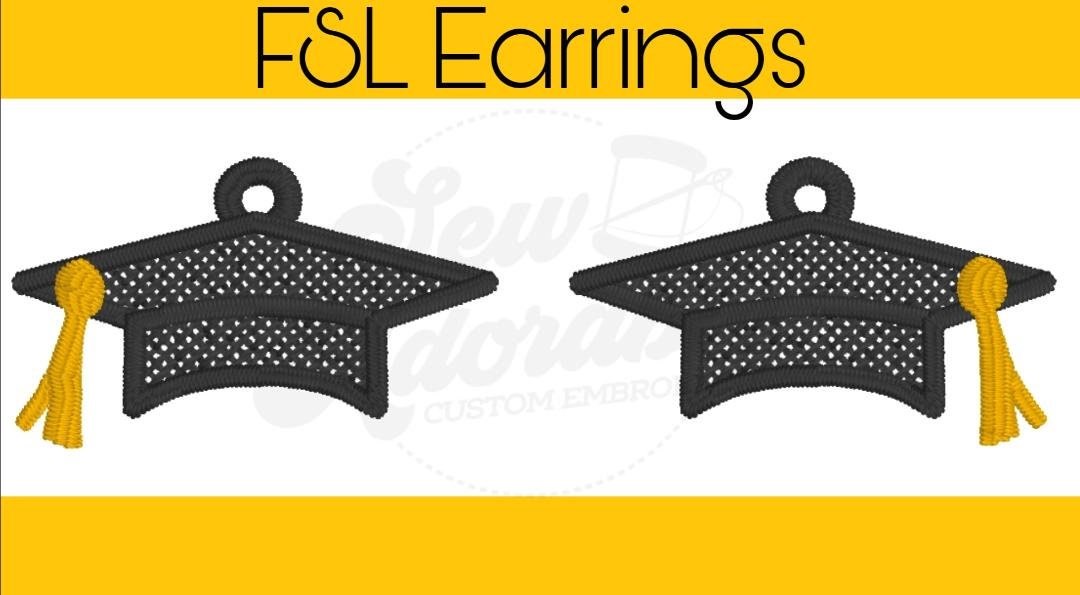 FSL Graduation Cap Earrings - Digital Design - Machine Embroidery - Freestanding Lace