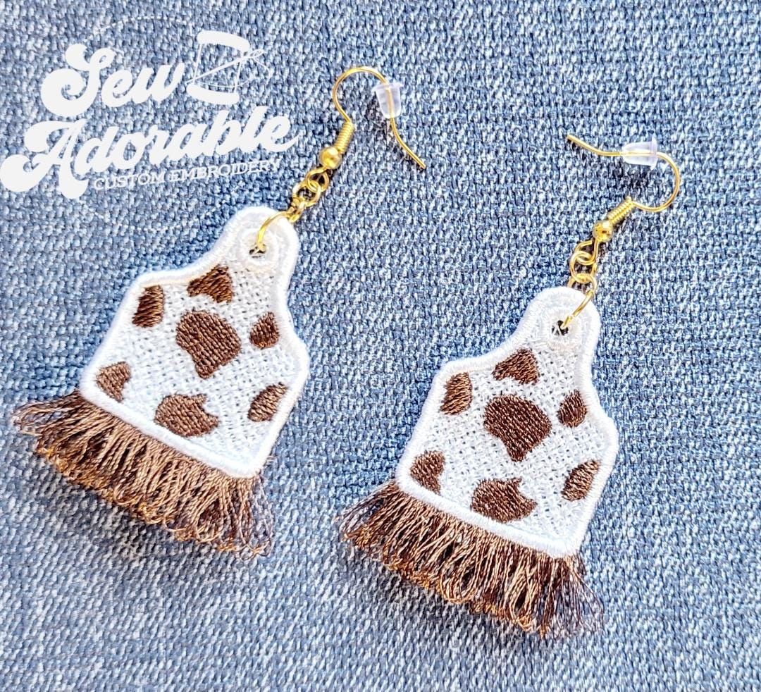 FSL Cow Tag Fringe Earrings - Machine Embroidery - Freestanding Lace - Digital Design