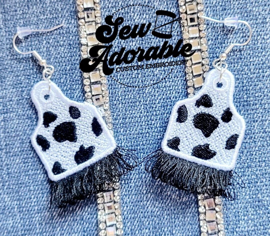 FSL Cow Tag Fringe Earrings - Machine Embroidery - Freestanding Lace - Digital Design