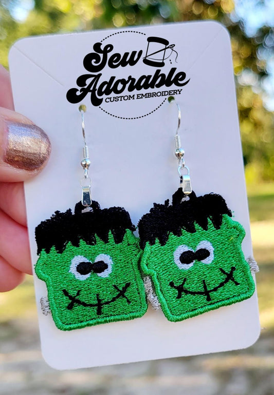 FSL Frankenstein Earrings - Machine Embroidery - Digital Design - Freestanding Lace