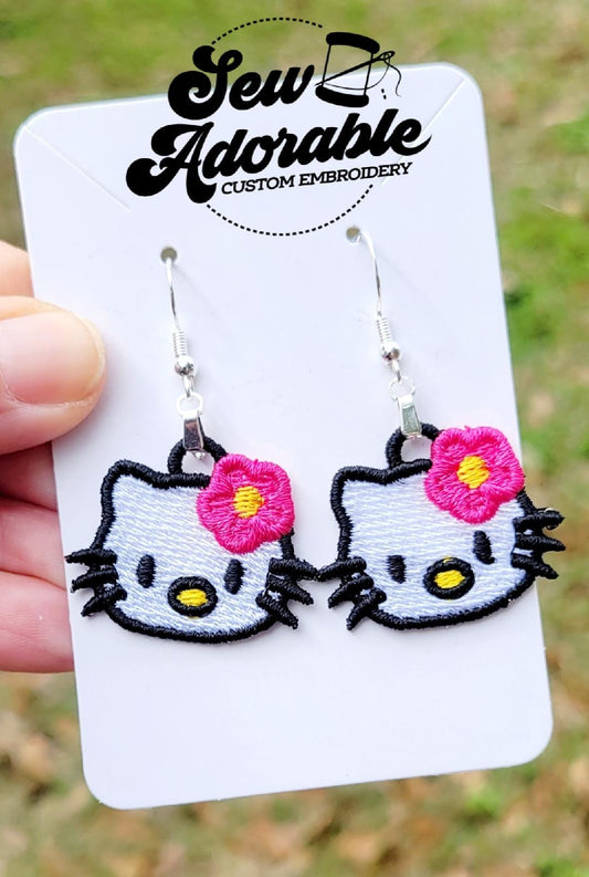 FSL Pretty Kitty Earrings w/Flower - Machine Embroidery - Digital Design - Freestanding Lace