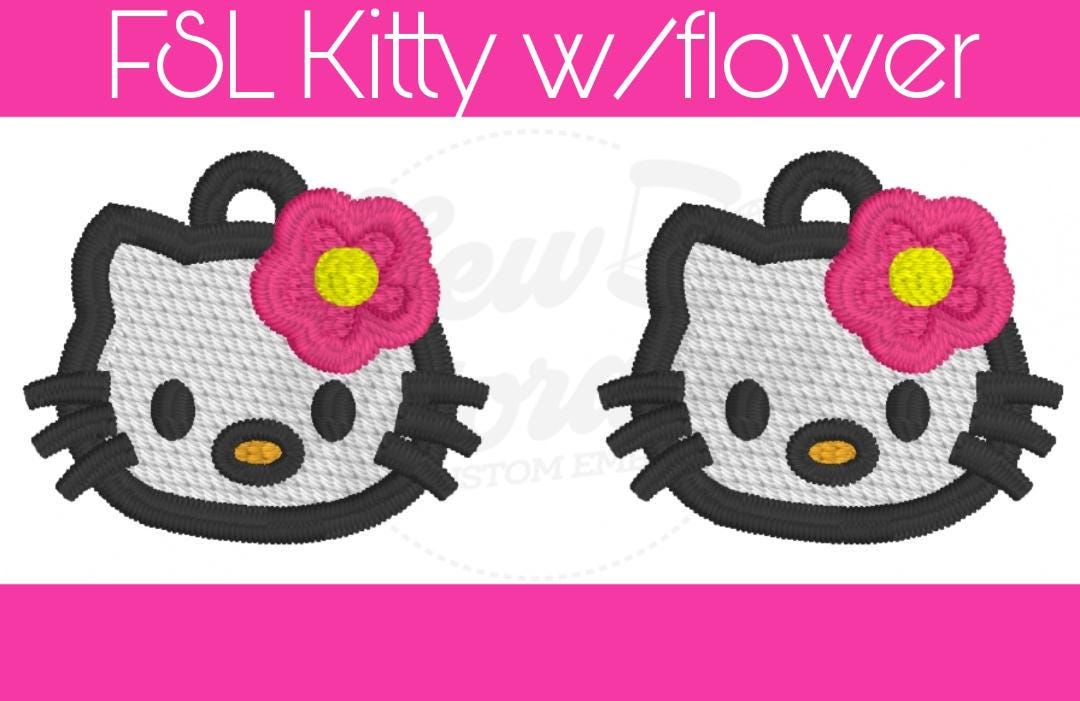 FSL Pretty Kitty Earrings w/Flower - Machine Embroidery - Digital Design - Freestanding Lace