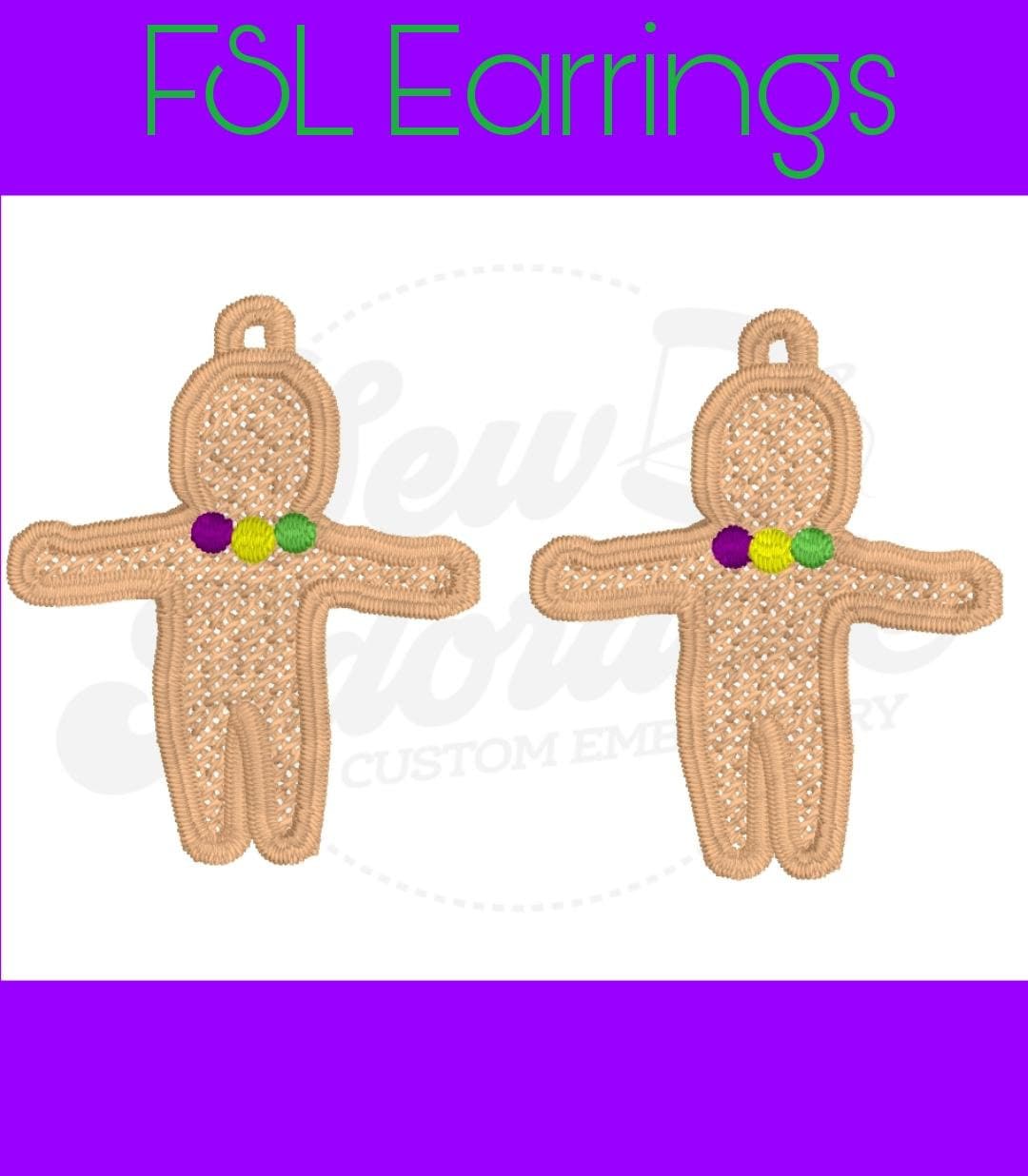 FSL King Cake Baby Earring- Mardi Gras- Machine Embroidery-Digital Design