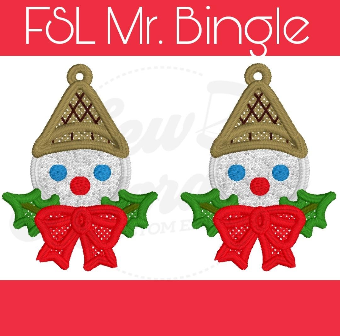 FSL Mr. Bingle Earrings- Machine Embroidery - Digital Design - Freestanding Lace