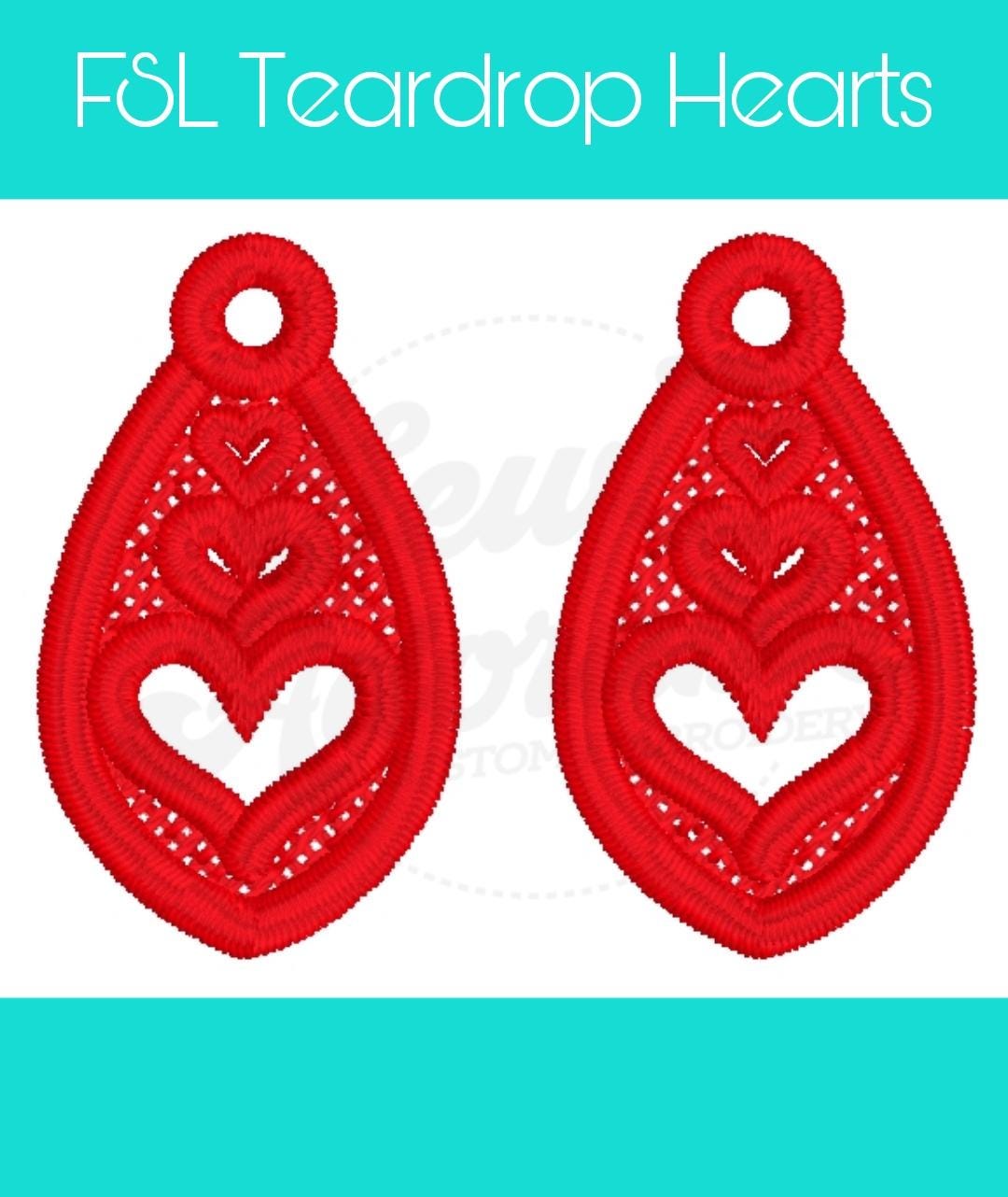 FSL Teardrop Heart Dangle Earrings - Machine Embroidery - Digital Design - Freestanding Lace