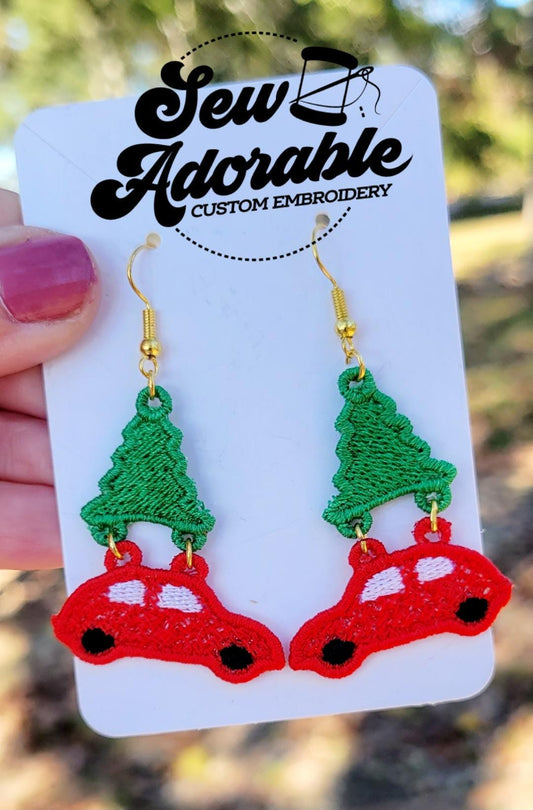 FSL Christmas Car Earrings - National Lampoon- Machine Embroidery- Digital Design - Freestanding Lace