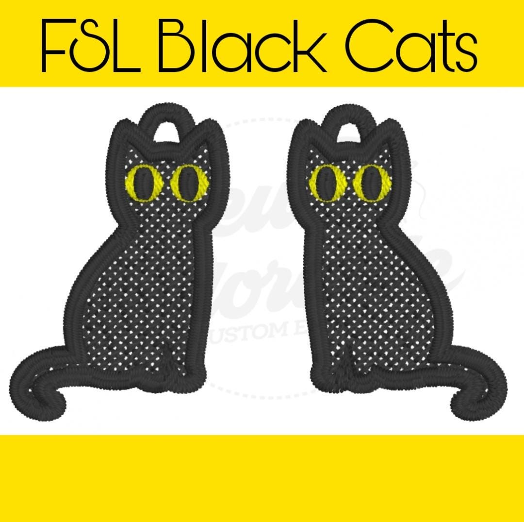 FSL Black Cat Earrings- Machine Embroidery- Digital Design- Freestanding Lace