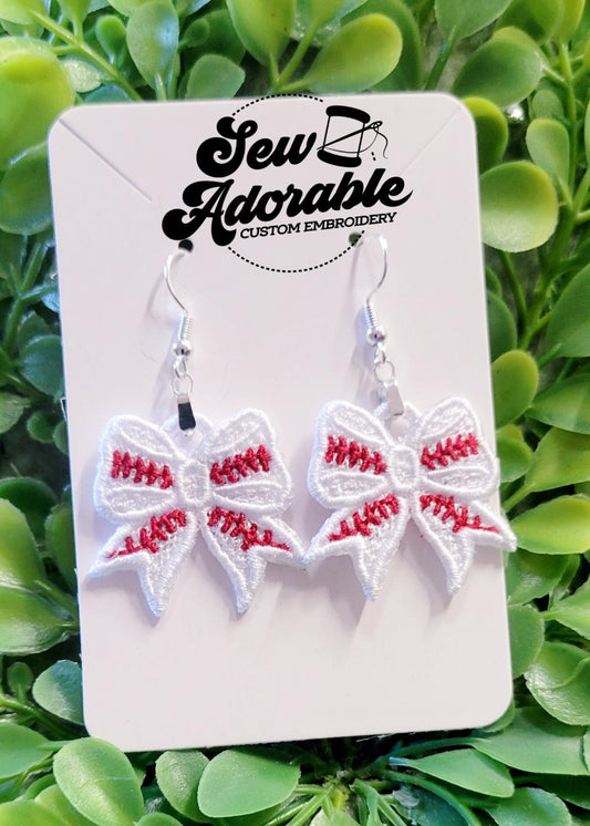 FSL Baseball Bow Earrings - Sports - Machine Embroidery - Freestanding Lace - Digital Design