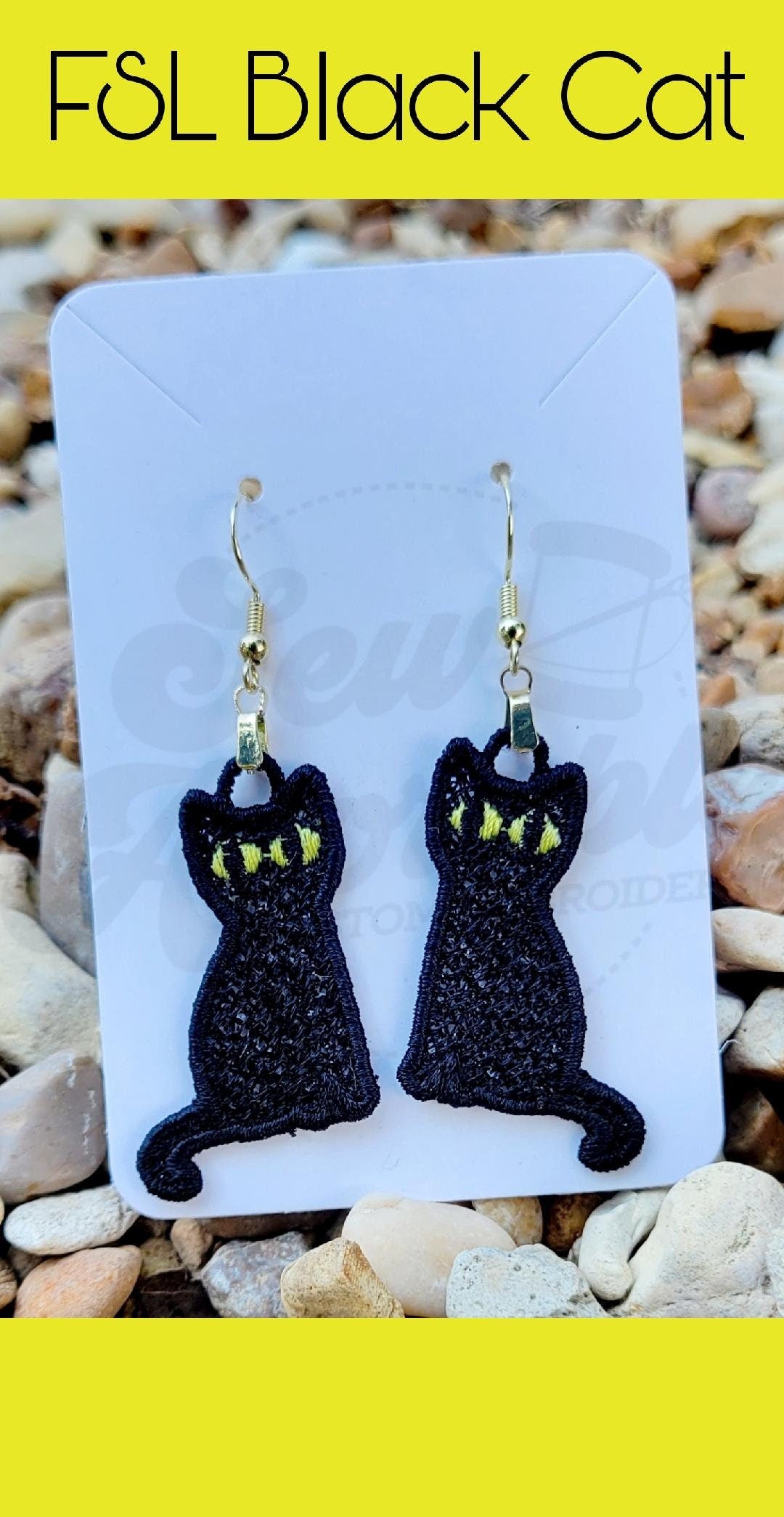 FSL Black Cat Earrings- Machine Embroidery- Digital Design- Freestanding Lace