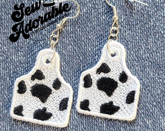 FSL Cow Tag Earrings - Machine Embroidery - Digital Design - Freestanding Lace