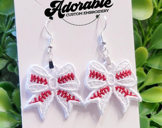 FSL Baseball Bow Earrings - Sports - Machine Embroidery - Freestanding Lace - Digital Design